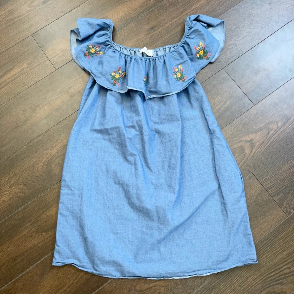Everly chambray embroidered floral off the shoulder dress